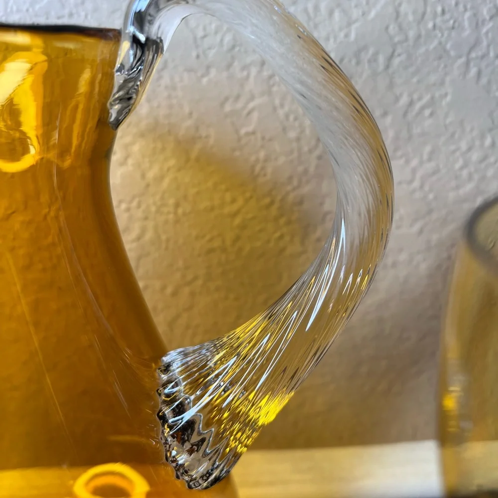 Vintage 1970's Amber Handblown Glass Pitcher & Tumbler Set, Collectible Colored